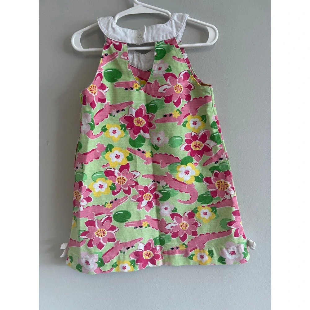 Gymboree Island Lilly Girls Green Floral Pink Alligator shift‎ Dress, Size4